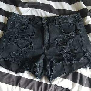 Black Distressed High Rise Denim Shorts